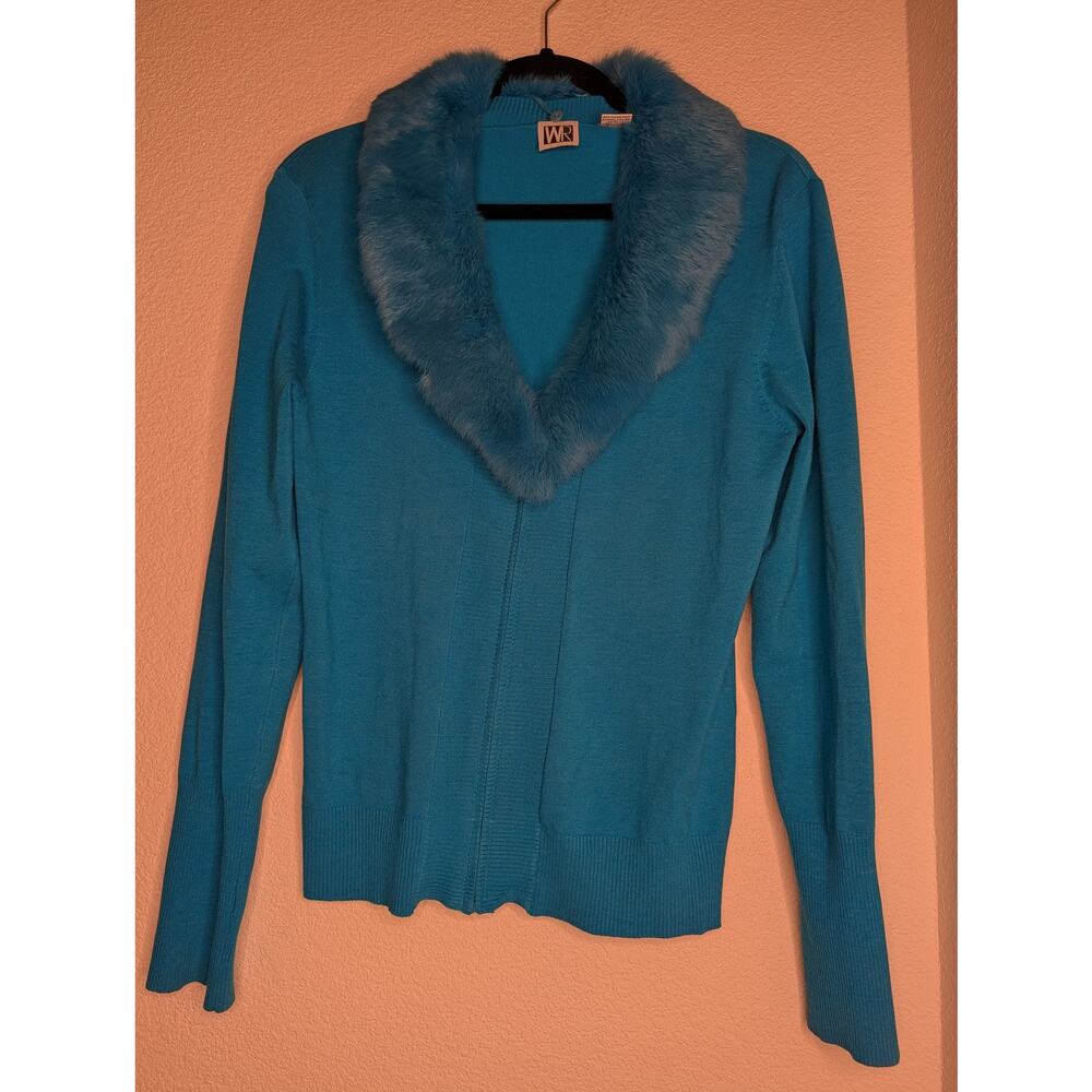 WR VTG Silk Blend Rabbit Fur Collar Blue Zip-Up Sweater L Chic Luxury Mob Wife